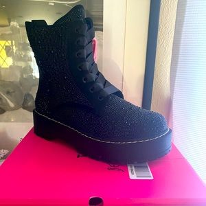 BRAND NEW IN BOX Torrid Betsey Johnson Black Rhinestone Combat Boots, size 11